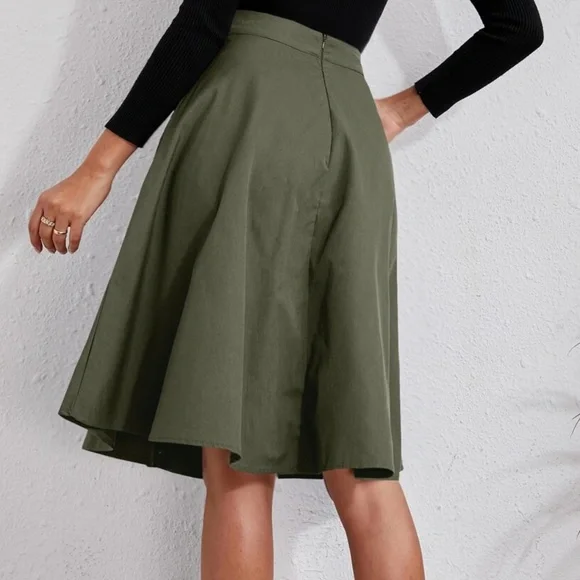 Classic Button Detail Pocket Flared Midi Skirt - Picture 9 of 14